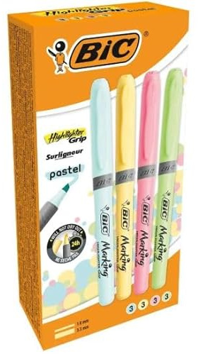 Fluorescentes marca BIC modelo Bic Highlighter Grip Pack de 12 Marcadores Fluorescentes Pastel - Punta Biselada - Trazo entre 1.60 y 3.30mm - Grip Texturizado - Colores Pastel Surtidos