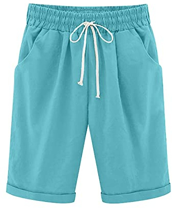 Pantalones cortos de lino para mujer, estilo bohemio, largo hasta la rodilla con cordón, bermudas de lino, pantalones cortos de verano, cintura alta, pantalones de ciclismo sueltos, tallas grandes,