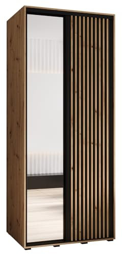 MEBLE KRYSPOL Lanko 2 Schrank mit Zwei Schiebetüren mit Spiegel, Stange, Regalen - Moderner Aufbewahrungsschrank für Schlafzimmer, Wohnzimmer - 235,2x110x60 cm - Artisan Schwarz Artisan