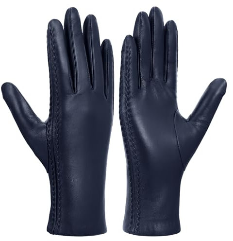 GSG SINCE 1998 Echte Lederhandschuhe Damen Touchscreen Winterhandschuhe Woll Gefütterter Warme Lammfell Autofahrerhandschuhe Navy blau M