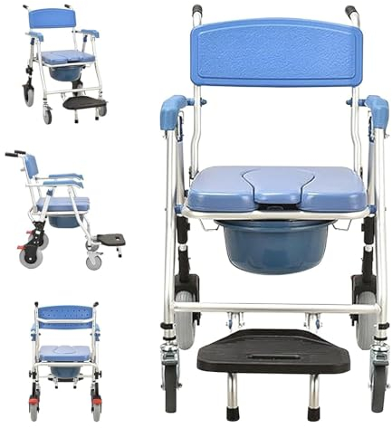 Commode Toilettenstuhl Nachtstuhl für Erwachsene Toilettenstuhl für Senioren mit Rädern, faltbar, Dusch-WC mit Armlehnen, tragbarer Toilettenstuhl für Behinderte und ältere Menschen WEWYQSJXBXF-4