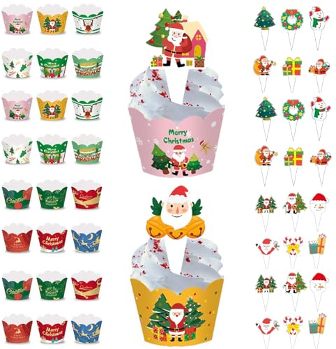 Eabdice 48 Stück Weihnachten Cupcake Topper und Wrappers, Weihnachten Party Dekoration Christmas Cupcake Deko,Papier Cupcake Förmchen Tortendeko