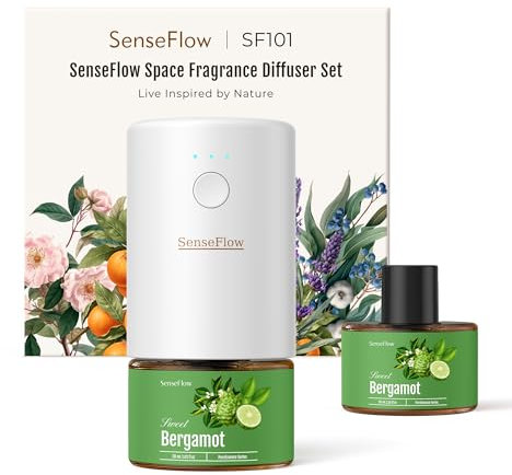 SenseFlow Difusor de fragancia para habitación SF101 – Difusor natural ajustable para aceites esenciales con 40 días de aroma de larga duración, iluminación LED, ideal para el hogar, hotel, estudio,