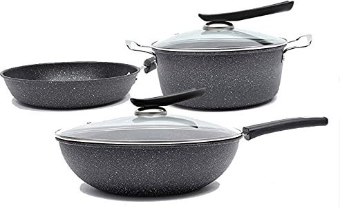 Pentola Cucina, Set pentole padelle, 3 Pezzi pentole antiaderenti in Granito induzione con coperchi, Include Padella 25 cm, casseruola 25 cm Padella Saltare 32 cm, Adatta a Tutti i fornelli