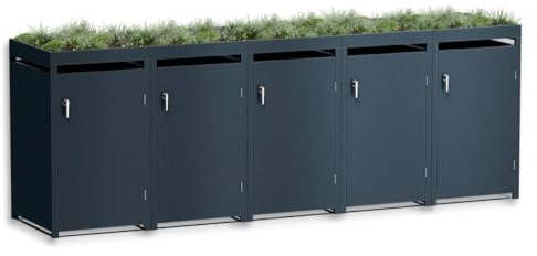 Metzler Mülltonnenbox in Anthrazit mit Pflanzdach 5er 240L, Mülltonnenverkleidung 5 Tonnen, witterungsbeständiger und pulverbeschichteter Stahl mit Automatikdeckel, abschließbar, Garten- und Müllbox