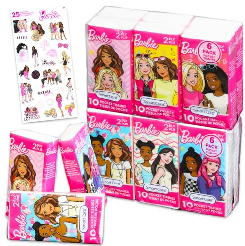Barbie Taschentuch-Set im Taschenformat, 12 Packungen mit je 10 Blatt (120 Taschentücher) plus Aufkleber, Barbie Entsorgungstücher für Reisen, Schule, Klassenzimmer