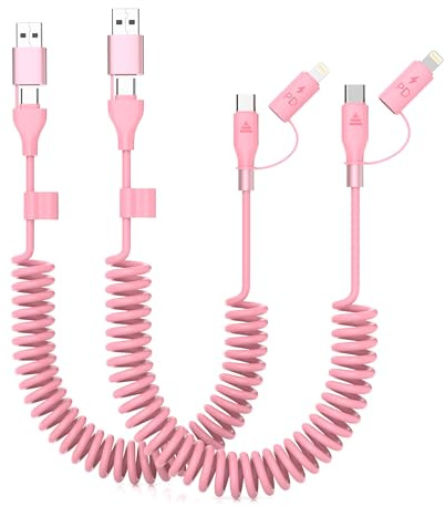 Pink Car Charging CarPlay Cable Coiled USB-C Lightning Cable 4 in 1 Retractable Multi Charging Cord 60W Cute Car Accessories for iPhone 17/16/15/14/13/12/11/iPad/AirPods/MacBook Tidy Charger Cord