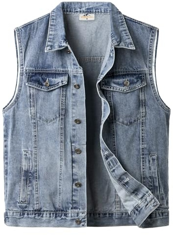 Yukirtiq Mens Jeans Vest Cowboy Buttons Sleeveless Denim Vest Jacket Motorcycle Biker Jeans Gilet