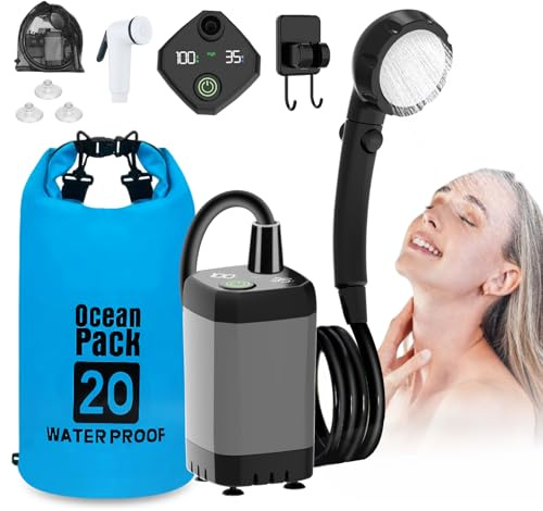 Portable Camping Shower with 20L Collapsible Bucket, 6000mAh Rechargeable Battery, Multi-Modes Spray Head & LED Smart Display, Type-C Charging Outdoor Shower Kit for Hiking, Travel, Pet Bath, Car Wash