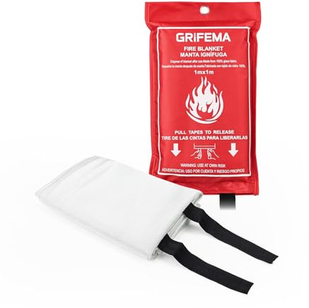 GRIFEMA GA3001 Coperta antincendio 100x100 cm EN 1869:2019 Coperta ignifuga in fibra di vetro per cucina Adatta per immobili residenziali, veicoli, uffici, barbecue all'aperto, caminetti e magazzini.