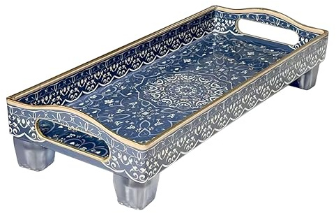 Simmer Stone Rectangular Tray - Bathroom Counter Organizer With Raisers 13.8 x 5.91 Inch, Non-Slip Storage Sink Caddy With Handle For Toothbrush Cup And Skincare (Blue Maze)