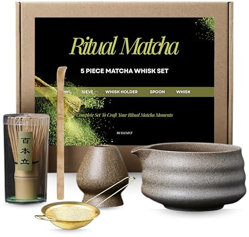 Matcha Whisk Set, 5 Pcs Matcha Kit for Ceremony, 500ml Ceramic Matcha Bowl, Matcha Tea Set for Making Breakfast/Matcha Latte, Bamboo Matcha Whisk (Chasen), Matcha Lover Gift (Beige)