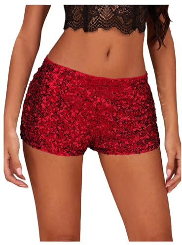 SHENHE Women's Sparkly Sequin Shorts Sexy Low Rise Y2k Glitter Rave Micro Shorts Hot Pants Red Medium