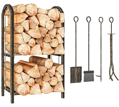 Outsunny Kaminholzregal für innen 43 x 30 x 74cm 2 Ebenen Brennholzregal mit 4 Kaminwerkzeug, Haken, Kaminholzständer für Kamin Ofen Kaminholzhalter für Feuerholz, Brennholz Metall Schwarz