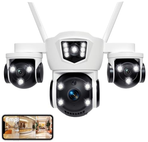 Yavinane 3 Lenti PTZ WLAN Telecamera di Sorveglianza, Campo Visivo 355°, Risoluzione 2K 6MP & 1080p HD, Autotracking, Audio Bidirezionale, Visione Notturna a Colori, Impermeabile IP65, Senza Angoli