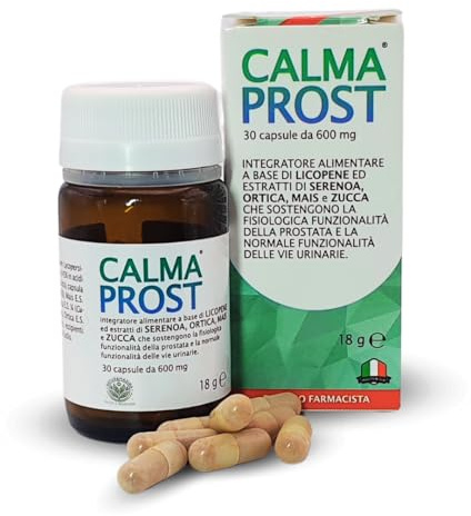 CALMAPROST – Integratore Naturale per Benessere della Prostata e Funzionalità Urinaria, 30 Capsule con Serenoa Repens, Licopene, Zinco e Selenio