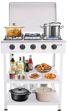 RéChaud à Gaz Naturel Avec 5 BrûLeurs RéChaud Camping RéChaud Réchaud à gaz de Camping Autoportant Chariot de Barbecue avec Couvercle pour Camping-car, Camping Blanc