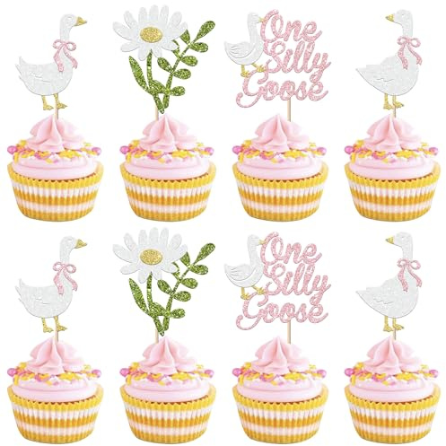 24 Packung Alberne Gänse Geburtstag Tortendeko One Silly Goose Cupcake Topper Weiße Gänse Kuchendeko für Geburtstag für Gänse Baby Dusche Kinder Thema Party Kuchen Deko