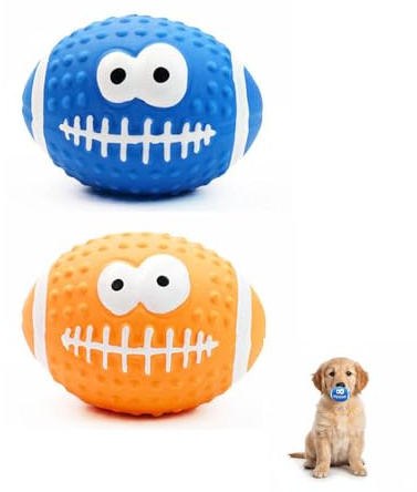 Vantico Interactive Dog Football Toys, Squeaky Rugby Ball Set, Blue and Orange Rubber Training Balls for Medium Large Dogs, Teeth Cleaning Chew Toys with Textured Surface