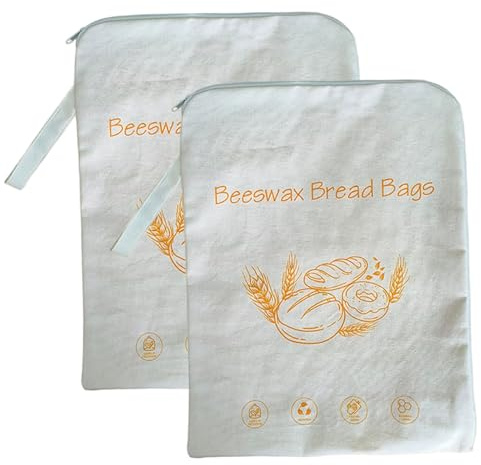 Lot de 2 sacs à pain en cire d'abeille avec fermeture éclair, 43, 2 x 33 cm, en coton naturel de qualité alimentaire, sacs à pain réutilisables et respectueux l'environnement pour une décoration du