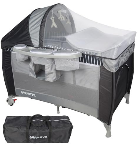 Barmøya 3-in-1 Baby-Reisebett mit Wickelauflage – Reisebett, Laufstall & Beistellbett, höhenverstellbar, Moskitonetz & Sonnendach, faltbar inkl. Tragetasche (Grau)