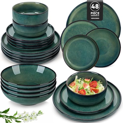 Geschirrset 12 Personen modern, vancasso STARRY 48-teiliges Steingut Geschirr Set, Kombiservice Set Grün, Tafelservice 12 Personen, Inklusive Speiseteller, Dessertteller, Suppenteller und Müslischalen