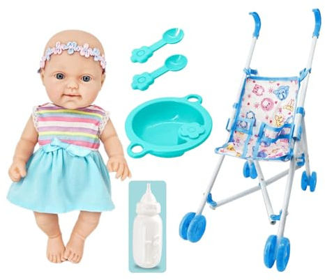 Docka med barnvagn, dockvagnsset, matstol för småbarn, docktillbehör för barn | 25 cm mjuk docka inklusive barnvagn och utfodringstillbehörsset barn rollspel leksaksset f