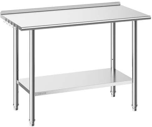 VEVOR Tavolo da Lavoro per Cucina in Acciaio Inox, Tavolo Centrale in Acciaio Inox 2 Ripiani con Alzatina 121,9 x 61 cm Preparazione Catering da Hotel, Ristorante, Supermercato, Panetterie, Bar