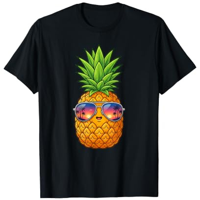 Divertente Ananas Frutta Frutta con Occhiali da Sole Mare e Palme Maglietta
