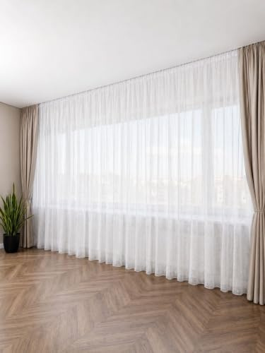 FENSTORIA Gardinen Vorhänge mit Kräuselband & Bleiband Leinenoptik Fertiggardine Vorhang halbtransparente Voile Gardine für Wohnzimmer & Schlafzimmer, Ecru 1er-Set(H×B 190×150 cm)