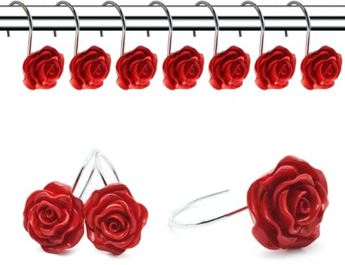 FINROS 12 PCS Home Fashion Decorative Anti Rust Shower Curtain Hooks Rose Design Shower Curtain Rings Hooks (RED)