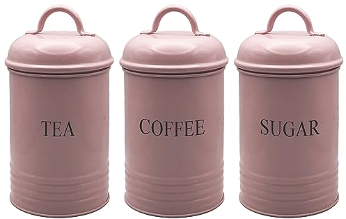 Set of 3 Tea Coffee Sugar Canisters,Storage, Rust Resistant, Powder Coated Ideal for Kitchen Storage Coffee Granules, Tea Leaves & Bags & Sugar Cubes (PINK)