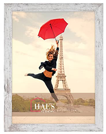 HAES DECO - Holz Bilderrahmen 30x40 Paris weiß/braun - Vintage Chabby Chic - Fotorahmen Holz - Portraitrahmen mit Wandhalterung - Fotorahmen für 1 Foto im Format 30x40 - SP001313