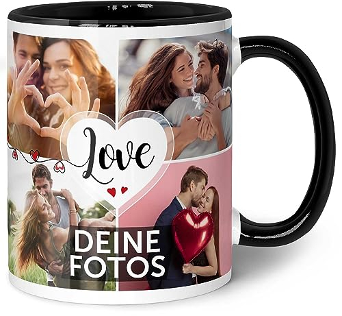 GRAVURZEILE Tasse mit dem Spruch Love zum selbst gestalten mit Foto Collage für acht eigene Fotos - Fototasse personalisiert - Persönliches Geschenk für Paare Freundinnen und Familie - Schwarz & Weiß