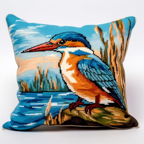 Generic Blue Kingfisher DIY Latch Hook Pillow Kit Easy for Beginners Crochet Yarn Hook and Latch Throw Pillowcase with Print Cushion for Sofa Decoration 43x43cm (1)