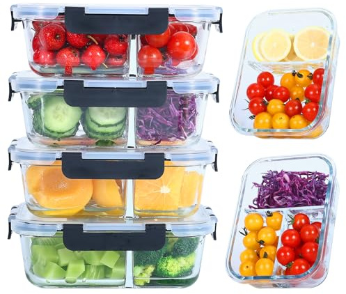 Liliume Glasbehälter mit Deckel Meal Prep Boxen Glas 2&3 Fächer (4Stück, 1040ml) Frischhaltedosen mit Deckel Portionskontrolle, Luftdicht, Ofen- und Gefrierschrank Sicher