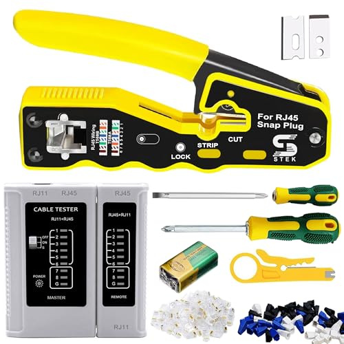 RJ45 Ethernet Network Passthrough Crimper Tool Kit, Ethernet Connectors Crimping RJ45 RJ11 Cable Tester Punch Down Tool Set Cable Cutter Stripper Crimper for CAT5 Cat6 CAT7 Screwdriver