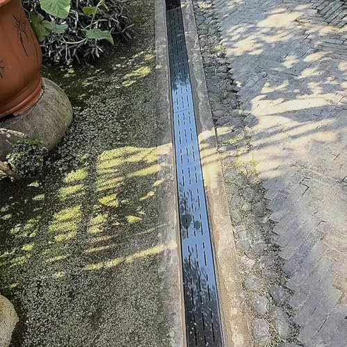 Canaletta Scolo Acqua Piovana Canale di Drenaggio Esterno Nero Lungo 1 M con Coperchio, Canale di Drenaggio in Acciaio Inox per Bloccare i Detriti, Filtri di Drenaggio Dell'acqua Piovana per Campo di