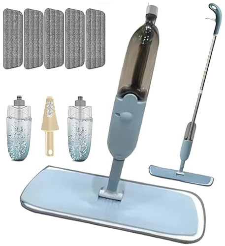 Spray Mop for Cleaning Floors - Microfibre Kitchen Mops for Flat Dry Wet Hard Wooden Floor Laminate Vinyl Tile, Floor Mop with 5 Washable Pads 2Pcs 550ml Refillable Bottle 1 Scraper (Grey)