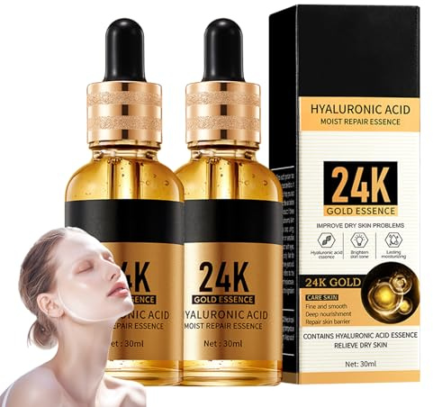 24k Gold Hyaluronsäure Serum, 2 Stück, Anti-Aging Gesichtsserum Mit Gold Und Hyaluronsäure Für Maximale Feuchtigkeit, Reduziert Falten Und Fältchen, Straffende Pflege Für Einen Jugendlichen Teint
