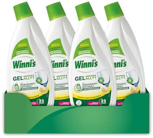 Winni's - Detersivo Gel Lavastoviglie Ipoallergenico, 132 Lavaggi, Azione Detergente, Sgrassante e Brillantante, Fragranza di Limone, con Materie Prime di Origine Vegetale, 561 ml x 4 Confezioni