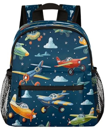 Mexpekil Mochila infantil con estampado de aviones de dibujos animados para niños y niñas, mini mochilas para niños, mochila escolar para preescolar, jardín de infantes, mochila de viaje, Multicolor