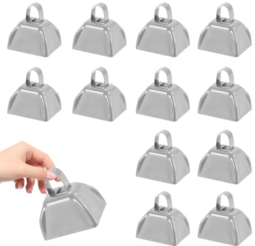 HEYLEAYAR 3Inch Cowbells for Sporting Events,12Pcs Metal Cow Bells Bulk Loud Noise Makers Cow Bell with Handle for Cheering Football Games Spirit Marathon Weddings Party Noisemakers, Silver