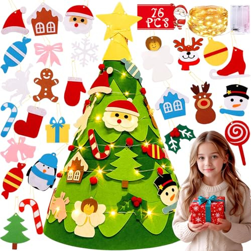 RDDAIPE Arbol Navidad Fieltro, 2.46Ft Arbol de Navidad Fieltro, DIY Arbol Fieltro Navidad con 26 Adornos Navideños Desmontables y Luces, Arbol de Navidad de Fieltro para Pared, Hogar, Casa, Puerta