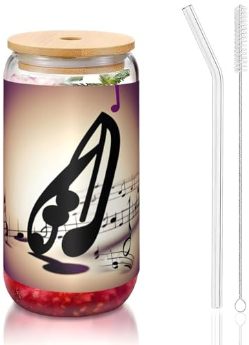 JIUTY Music Note Patterns Printing Drinking Glasses with Lids and Glass Straw,1 Pc 16 Oz Glass Cups,Beer Ice Coffee Glasses