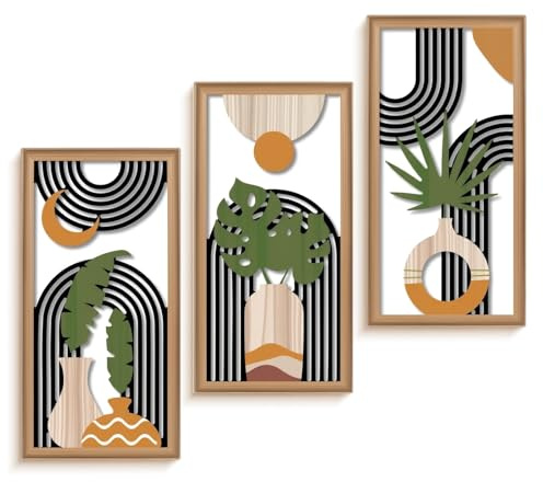 Juego de 3 obras de arte de pared bohemias, decoración de pared de madera botánica verde, arte de pared abstracto geométrico, arte de pared hueco geométrico escultura de florero de mediados de siglo