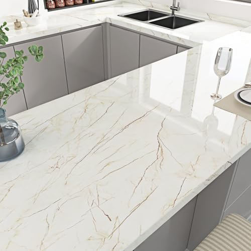 HotDecor glänsande marmor tapet självhäftande film kök möbelfolie självhäftande för köksbänkskiva väggtapeter badrum marmor folie självhäftande tvättbar tapet beige skåpfolie 40 cm x 200 cm