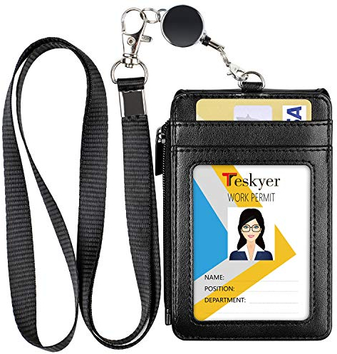 Teskyer Ausweishülle mit Band, Ausweishalter Ausziehbar, Kartenhülle mit Schlüsselband Ausziehbar, aus PU-Leder, Hält 4 Karten, mit Reißverschlusstasche und Transparentem Fenster, Schwarz