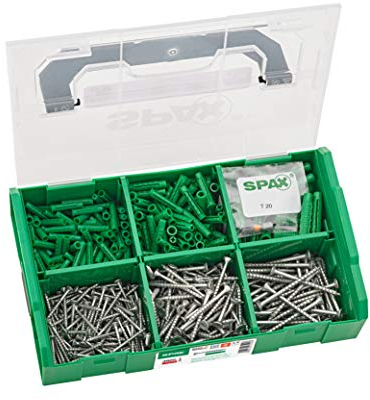 SPAX L-BOXX Mini, Dübel-Schrauben-Set 481 Teile, A9J, T-STAR plus, Senkkopf, vorsortiertes Dübel-Schrauben-Set mit 6 Abmessungen, inkl. 1 SPAX Bit T20 – 5000009160209
