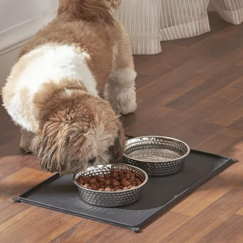 Penguin Home® Tapis d'alimentation Noir antidérapant pour Animaux de Compagnie avec 2 Bols en Acier Inoxydable martelé | Tapis imperméable de qualité Alimentaire pour Animaux de Compagnie |